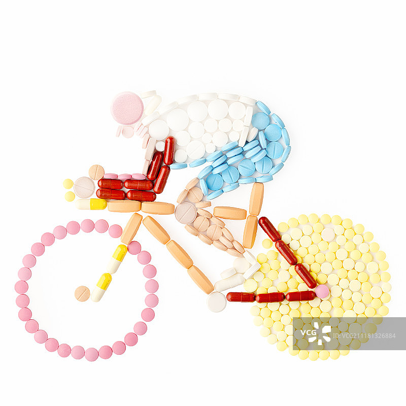 自行车赛车手形状的兴奋剂药物和药丸图片素材