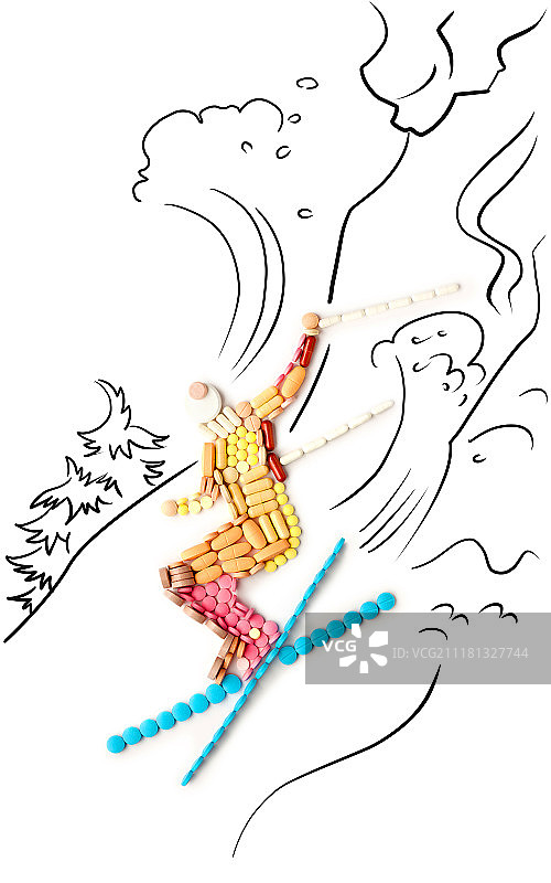 服用兴奋剂药丸和药物，滑雪运动员从悬崖上跳下图片素材