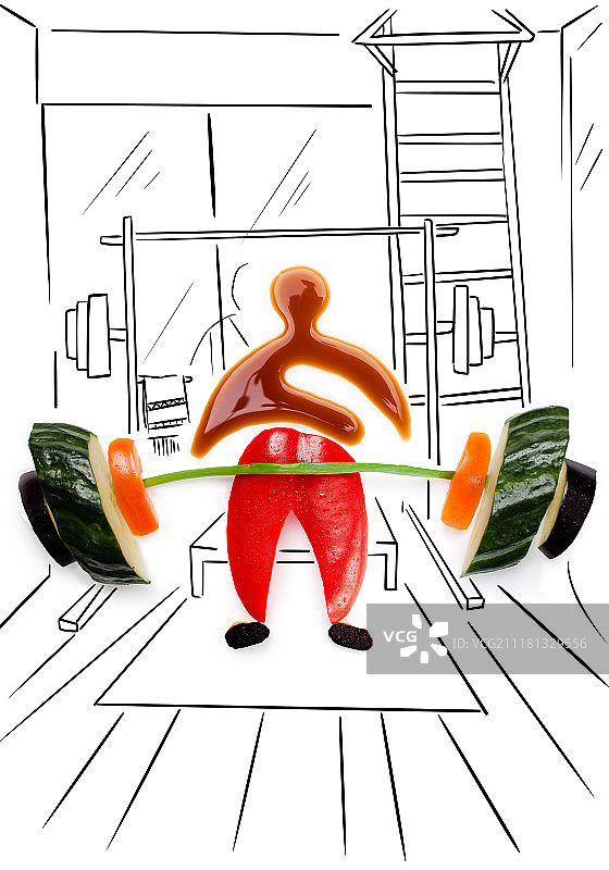 健康食品概念：由新鲜蔬菜制成的健壮举重运动员，在简笔画健身房背景下举起杠铃图片素材
