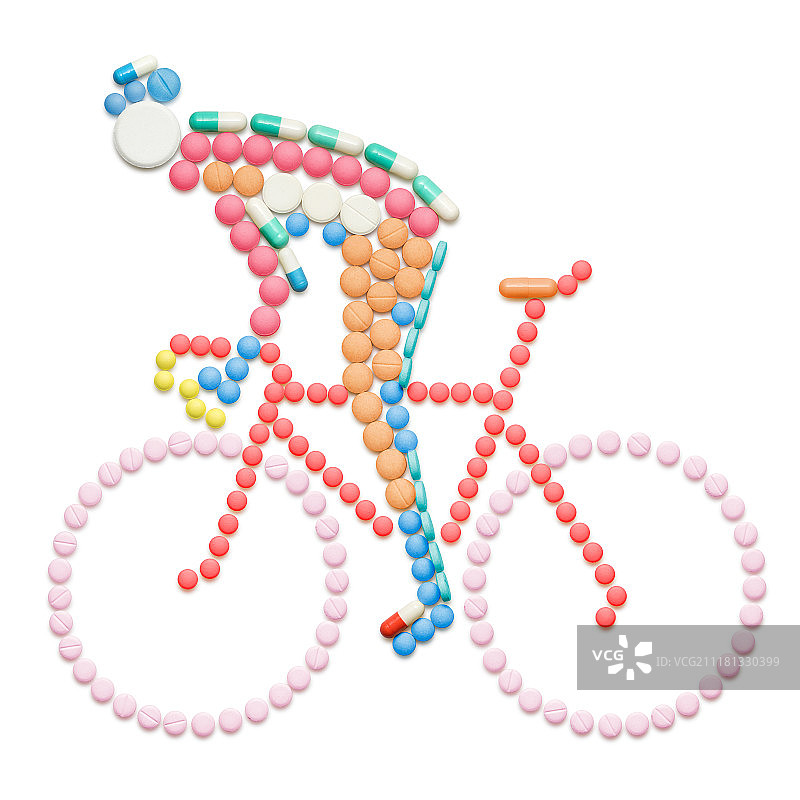 自行车赛车手形状的兴奋剂药物和药丸图片素材