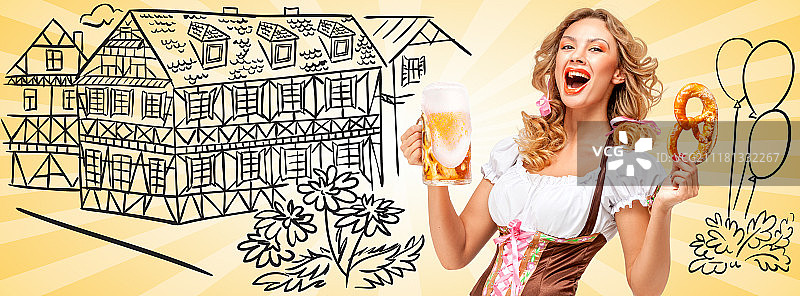 穿着巴伐利亚传统服饰，手拿椒盐卷饼和啤酒杯的慕尼黑啤酒节女子图片素材