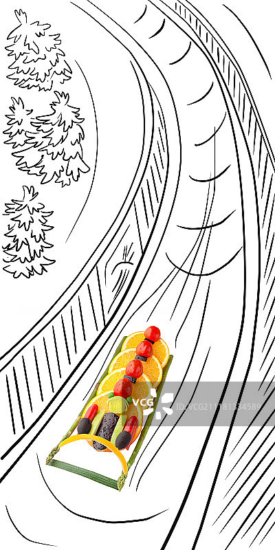 水果蔬菜组成的四人雪橇队在冰道上滑行图片素材