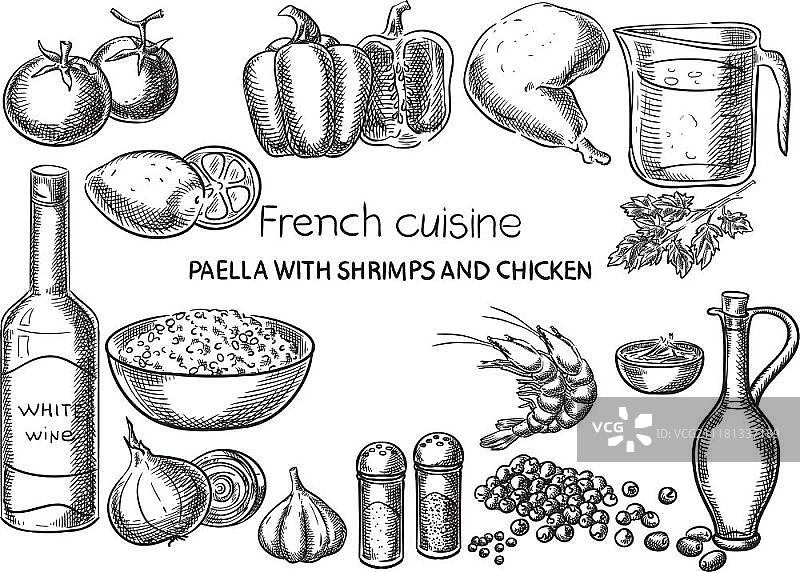 海鲜鸡肉烩饭创意概念矢量图：手绘法式料理食谱，复古线条艺术图片素材