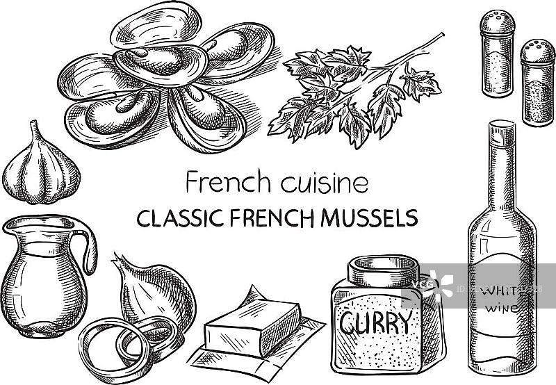 法式贻贝美食创意概念矢量图（手绘草图、刻线、墨线风格）图片素材
