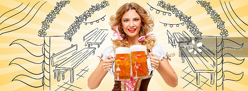 穿着巴伐利亚传统服装的性感慕尼黑啤酒节女郎，在简笔画的啤酒节帐篷入口背景上，端着两杯啤酒，笑容满面。Facebook尺寸图片素材