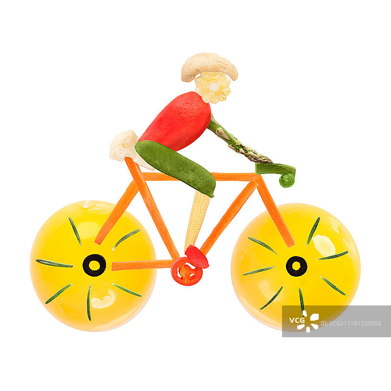 公路自行车男性骑行者形状的水果和蔬菜图片素材