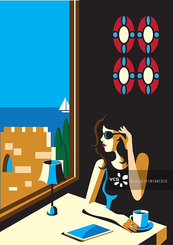 等待夜晚的到来…创意概念向量。女人坐在餐厅里喝咖啡。图片素材