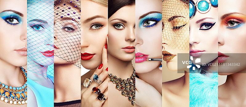 女性面部美容拼贴画，时尚妆容珠宝摄影图片素材