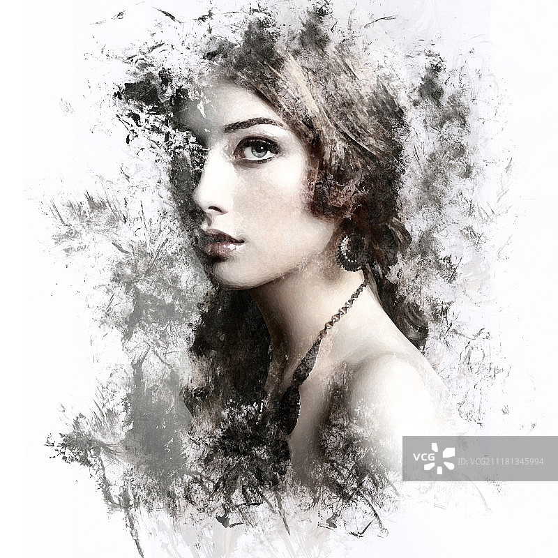 长卷发美女，优雅发型的漂亮女孩水彩画图片素材