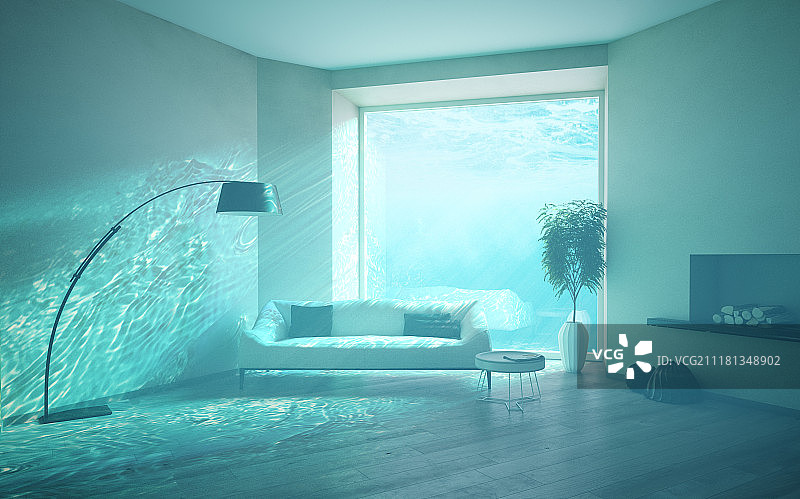 洪水泛滥的室内水下景观3D概念图图片素材