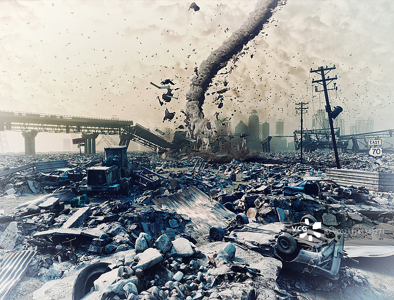 城市废墟和龙卷风灾难景象3D概念图图片素材