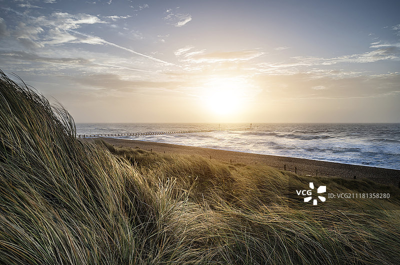 沙丘系统和木板路日出景观图片素材