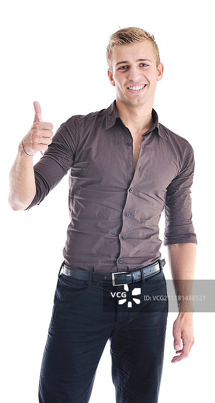 身穿商务套装的快乐年轻男商人肖像，白色背景图片素材