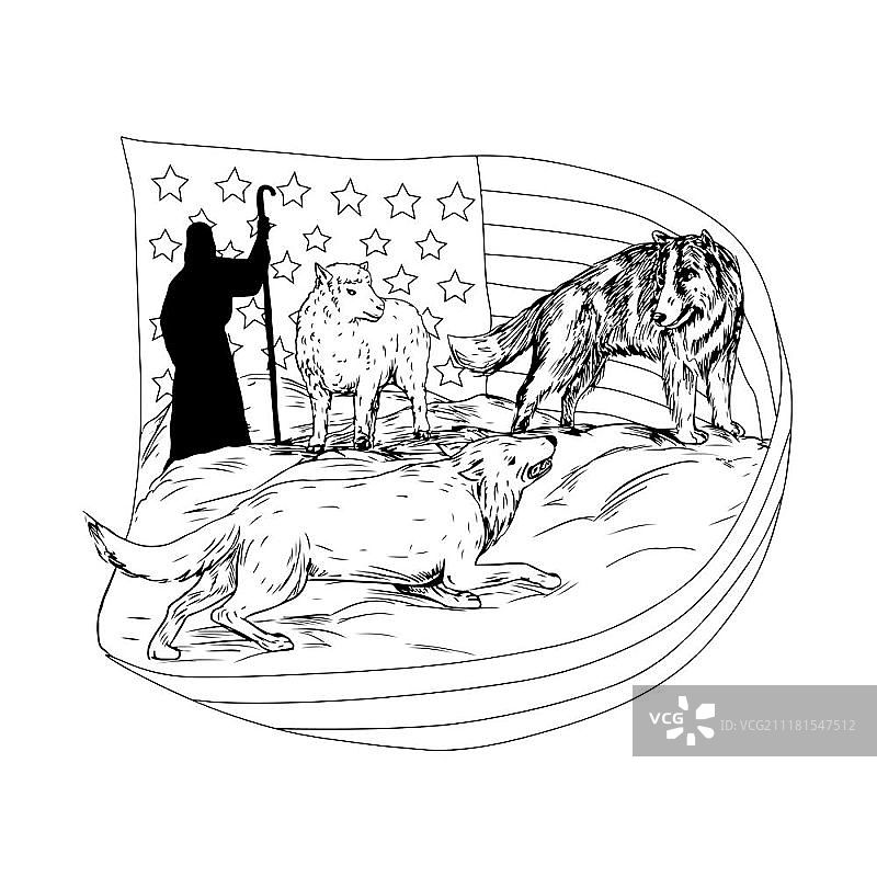 素描风格：牧羊犬保护小羊免受狼的袭击图片素材