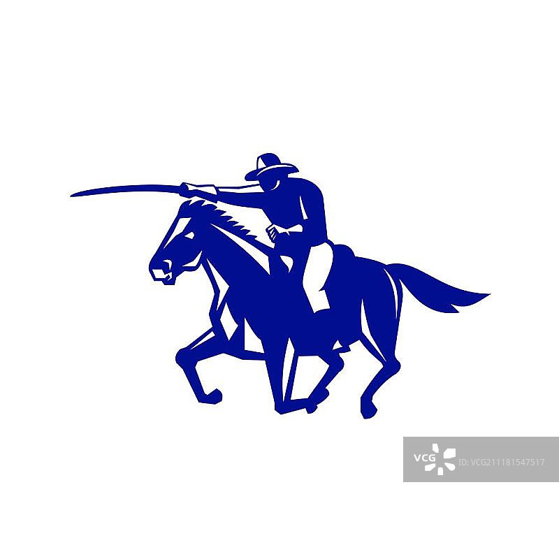 复古风格插画：美国骑兵持剑骑马冲锋图片素材