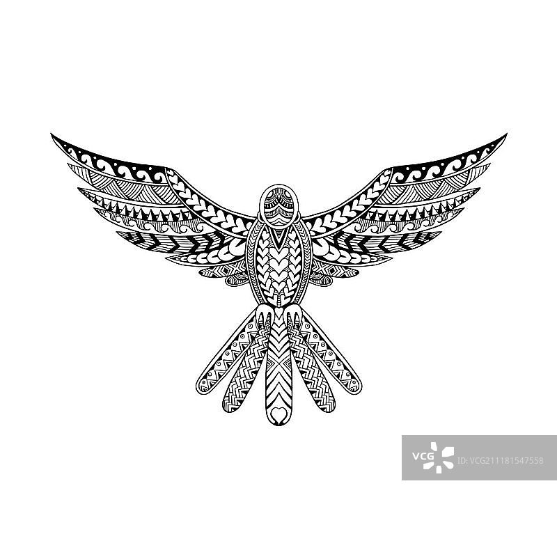 部落纹身风格插图，一只鸽子从正面飞过，翅膀张开，背景孤立。鸽子部落纹身图片素材