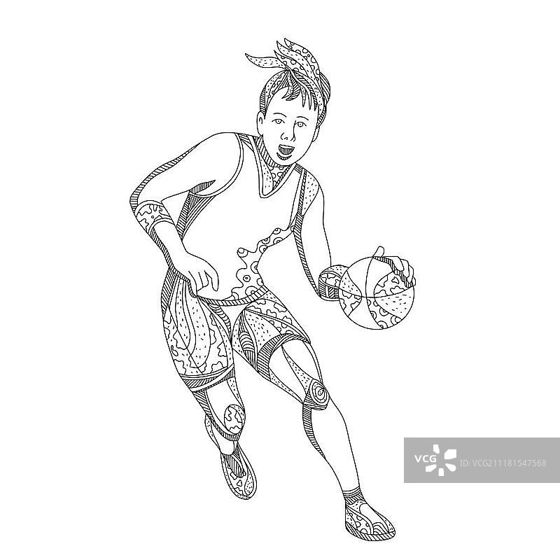 涂鸦艺术：运球的女子篮球运动员插画图片素材