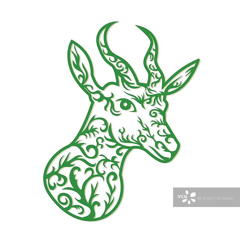 非洲跳羚头部复古装饰剪纸风格插画图片素材