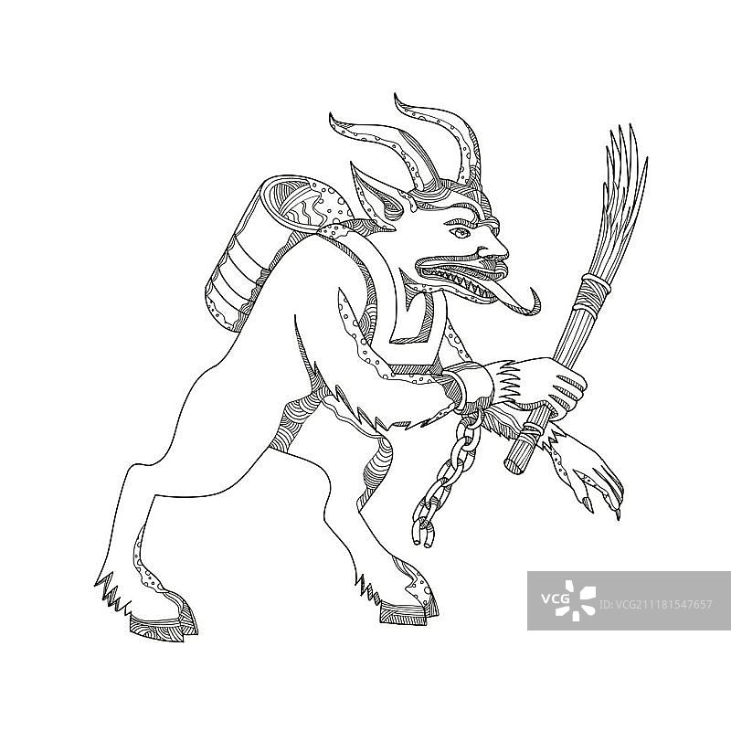 涂鸦艺术插画：Krampus，一个有角的拟人形象，半山羊半恶魔，以曼陀罗风格惩罚圣诞节期间行为不端的孩子。图片素材
