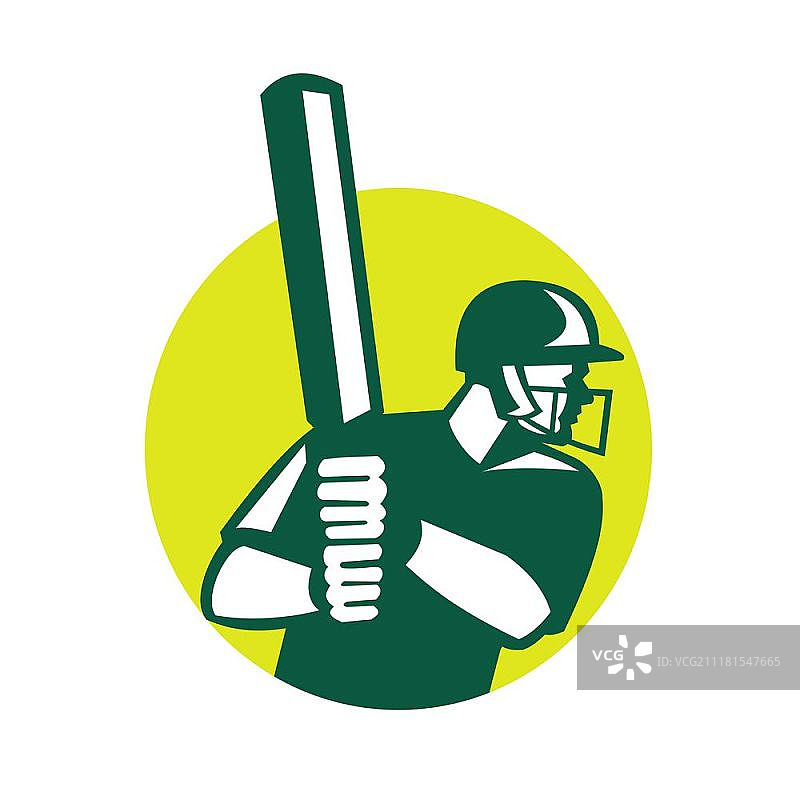 板球击球手复古风格插画，侧面视角，位于圆圈内，独立背景。板球击球手复古标志图片素材