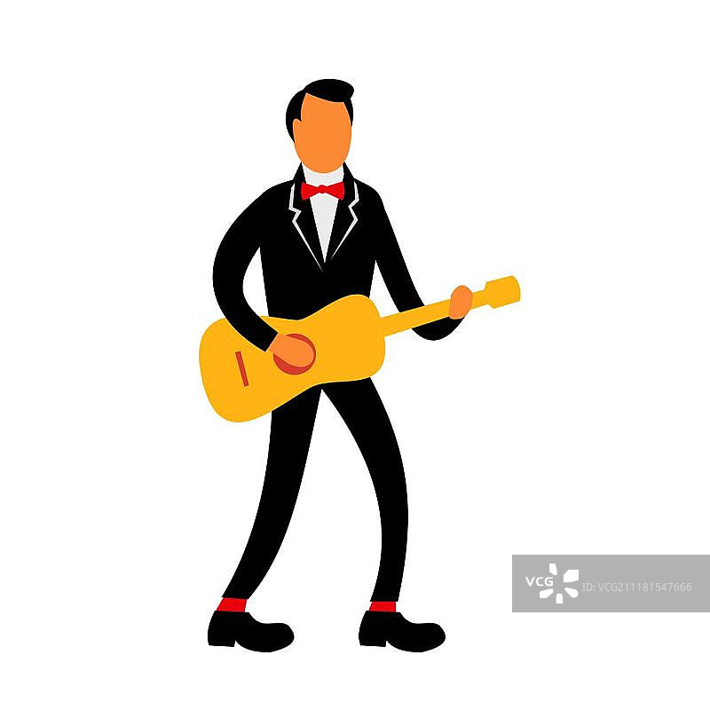 单色背景下，身穿燕尾服弹吉他的吉他手复古风格插画图片素材