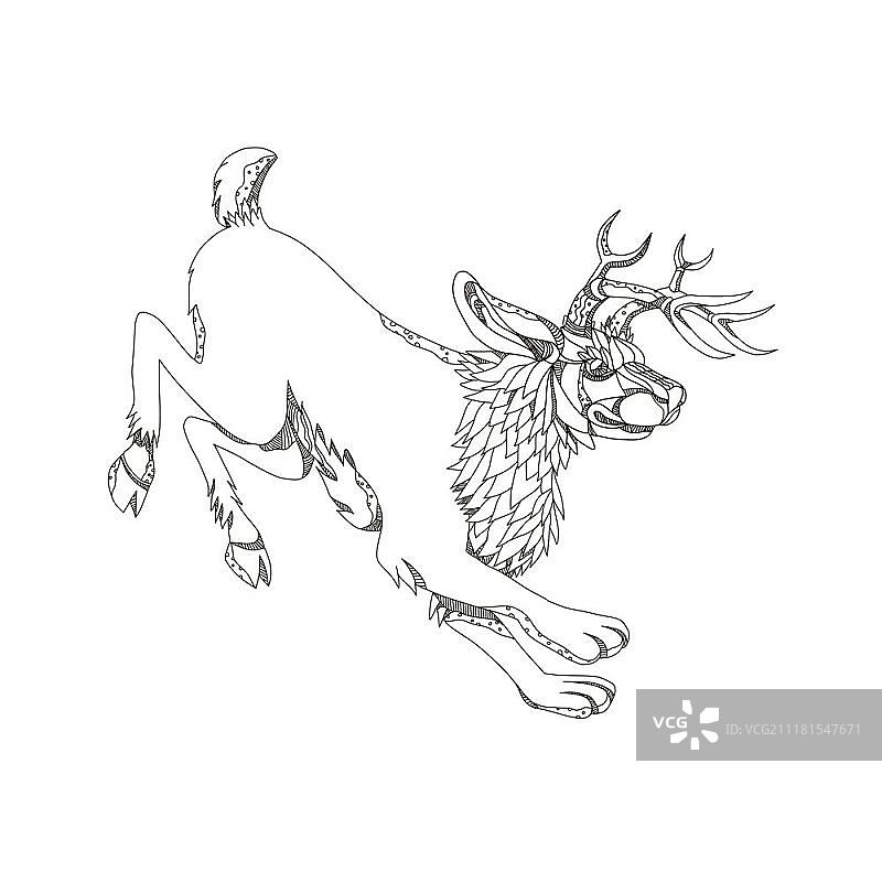 北美民间传说中一种神话动物的涂鸦艺术插画，描绘的是一只长着羚羊角的野兔，以黑色和白色曼陀罗风格完成。跳跃的Jackalope涂鸦艺术图片素材