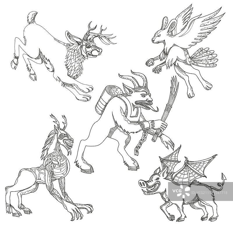 涂鸦艺术插画合集：包含传说中的神话生物，例如兔 Jackalope、Krampus、Skraver、Wendigo 和蝙蝠翼野猪图片素材
