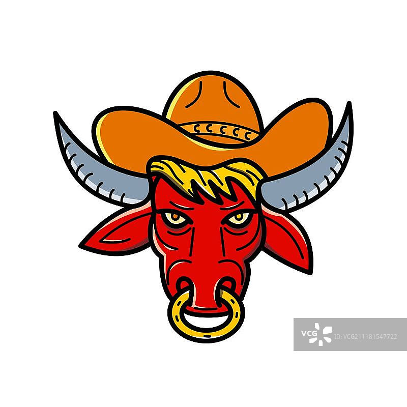 戴牛仔帽的德克萨斯长角公牛单线插画图片素材