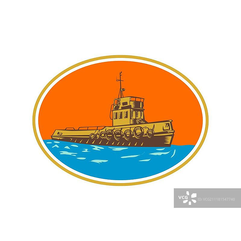 拖船木刻风格复古插画：一种通过直接接触或牵引绳来操纵其他船只的船型，椭圆形背景。图片素材