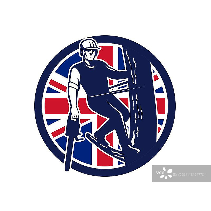 英国修树师复古风格插画图标：手持链锯，背景为英国国旗图片素材