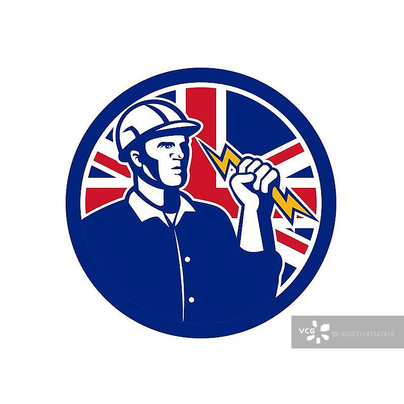 复古风格的英国电力线工人或电工手持闪电标志，背景为带有英国国旗的圆圈图标图片素材
