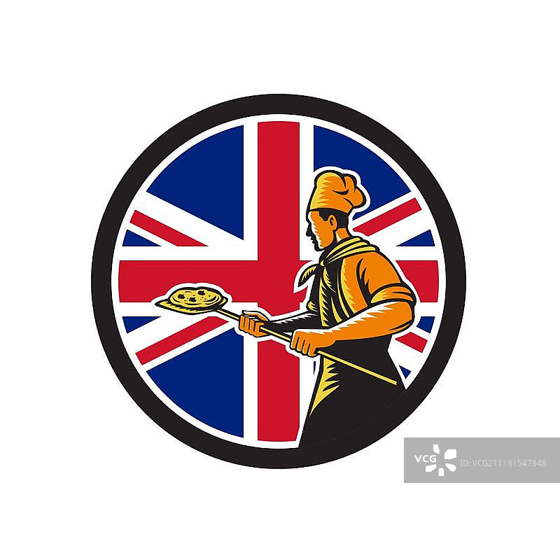 英国披萨烘焙师厨师手持铲子的复古风格插图，背景为英国国旗圆形图标图片素材