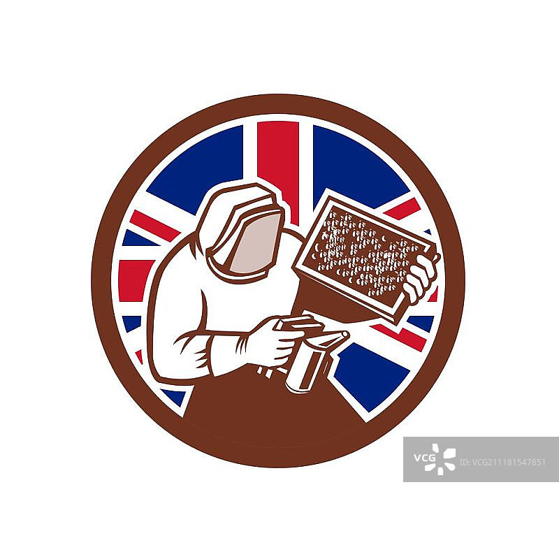 复古风格的英国养蜂人手持烟雾器和蜂箱，背景为带有英国国旗的圆圈图标图片素材