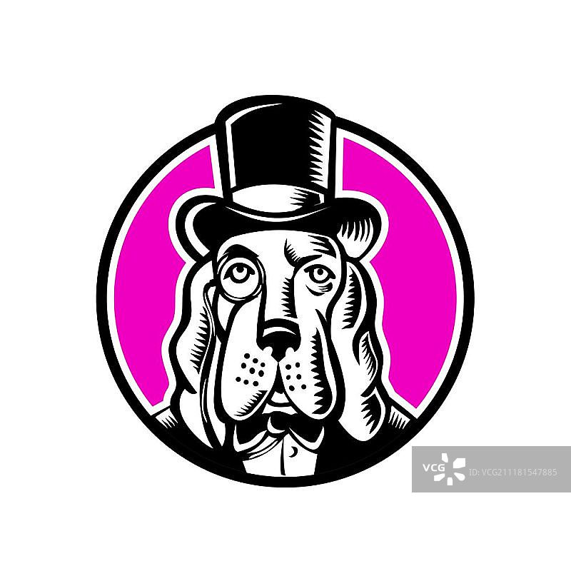 戴单片眼镜和高顶礼帽的巴吉度猎犬吉祥物图片素材