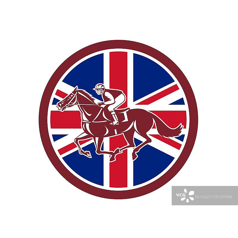 英国赛马骑师米字旗。图标复古风格插图，从侧面看到的英国骑师或马术赛马，英国米字旗在孤立背景的圆圈内图片素材