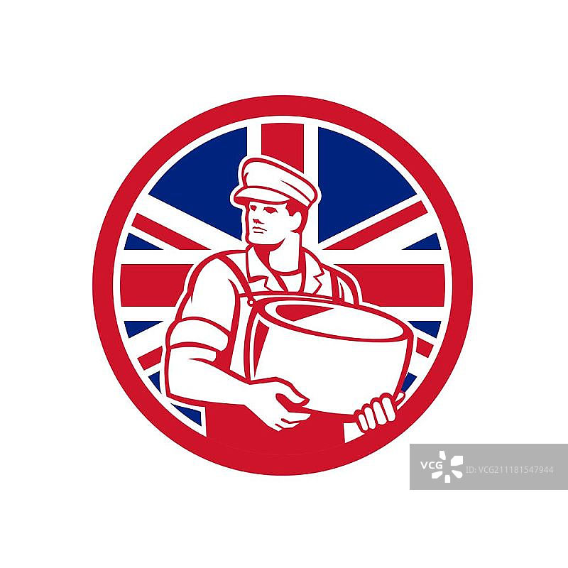 英国手工奶酪制造商米字旗图标。复古风格插图，展示了一位英国手工奶酪制造商持有帕尔马干酪，背景是英国米字旗，位于孤立的背景上。英国手工奶酪制造商米字旗图标图片素材