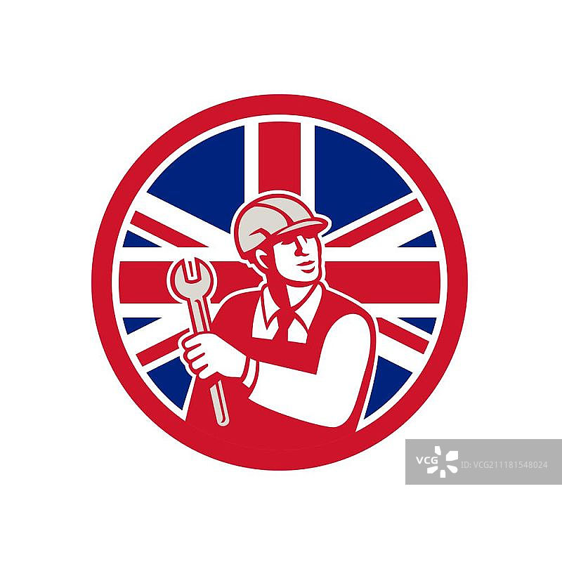 英国工程师米字旗图标。复古风格插图，展示了一位英国机械工程师手持扳手，背景是孤立的英国米字旗圆形图案图片素材
