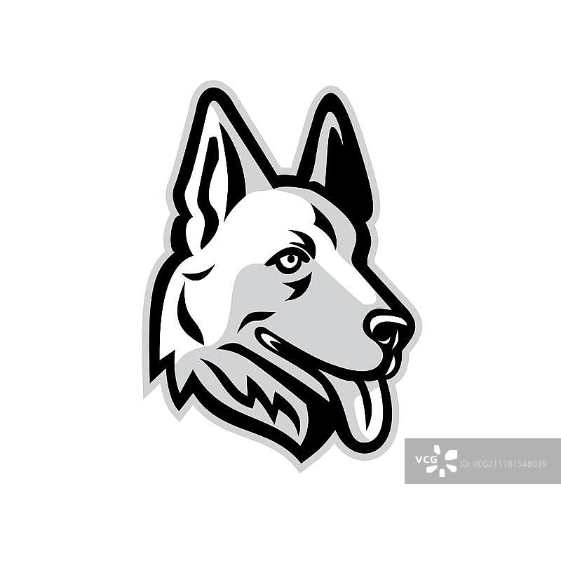阿尔萨斯犬吉祥物。德国牧羊犬或阿尔萨斯狼犬头部侧面复古风格图标图片素材