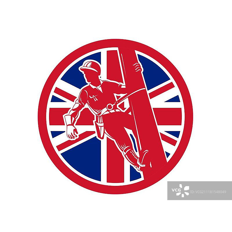 英国线路工联合王国旗帜图标：复古风格的英国线路工或电力线工人在电线杆上，背景是孤立的联合王国旗帜圆形图标图片素材