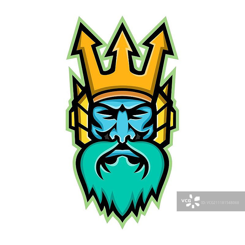 波塞冬希腊神祇吉祥物。希腊宗教和神话中海神波塞冬的头像，戴着三叉戟王冠，复古风格图片素材