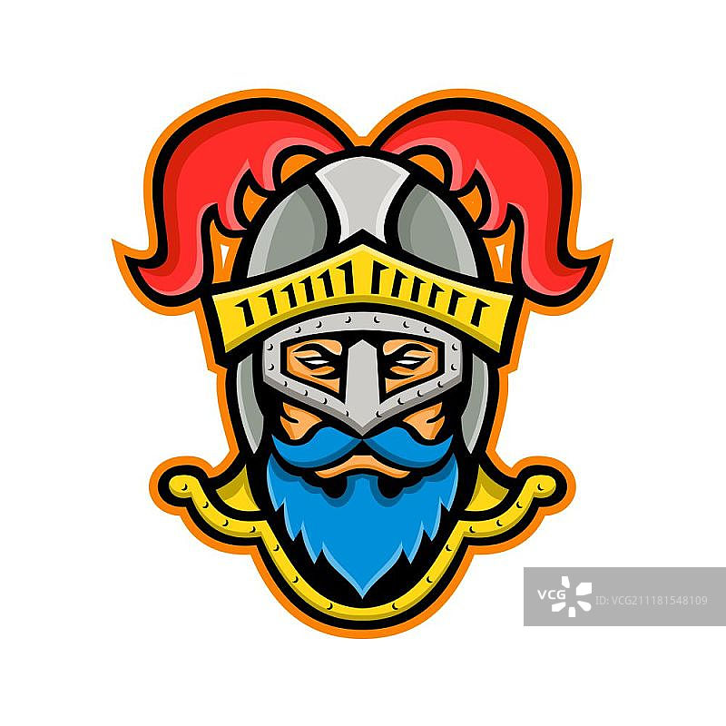 骑士头像正面吉祥物。头戴鸵鸟羽毛头盔的骑士正面头像的吉祥物图标，复古风格图片素材