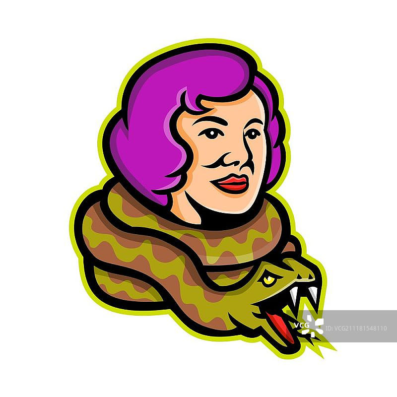 马戏团怪胎蛇女吉祥物。马戏团怪胎蛇女或耍蛇人的头部吉祥物图标插图，与蟒蛇，马戏团表演者或艺人从侧面观看孤立的背景，采用复古风格。马戏团怪胎蛇女吉祥物图片素材