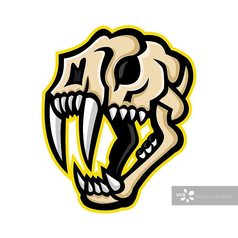 剑齿猫头骨吉祥物图标，复古风格侧视剑齿猫头骨图片素材