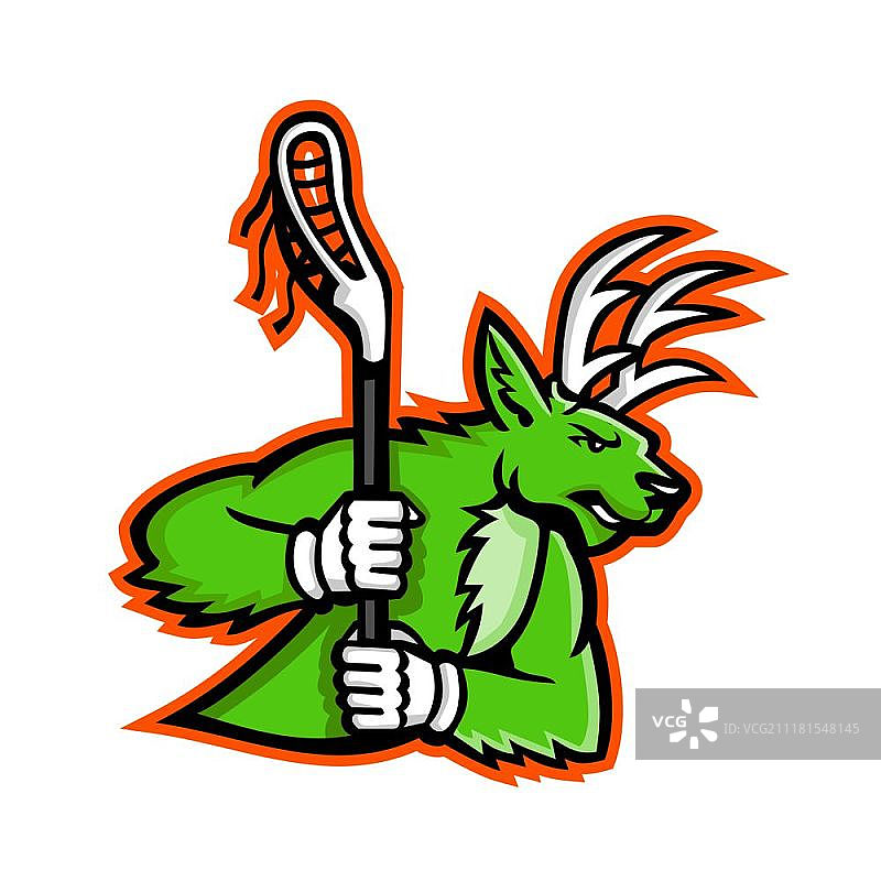 雄鹿曲棍球吉祥物。雄鹿挥舞曲棍球棒的吉祥物图标复古风格插画图片素材