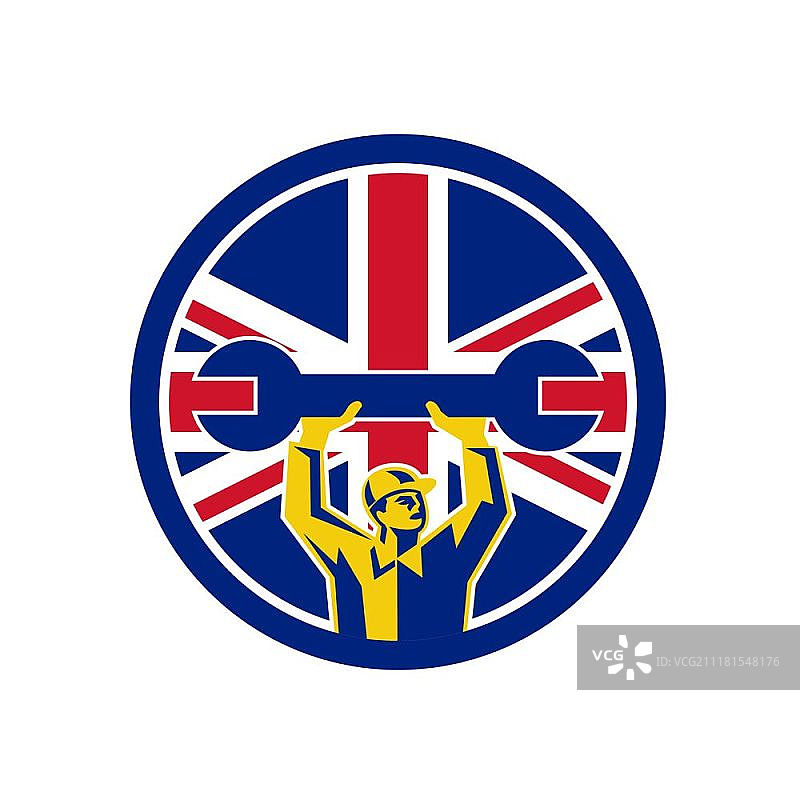 英国机械师工会旗帜图标。图标复古风格插图的英国汽车机械起吊扳手与英国，英国的英国国旗设置在孤立的背景内圈。英国机械师工会旗帜图标图片素材
