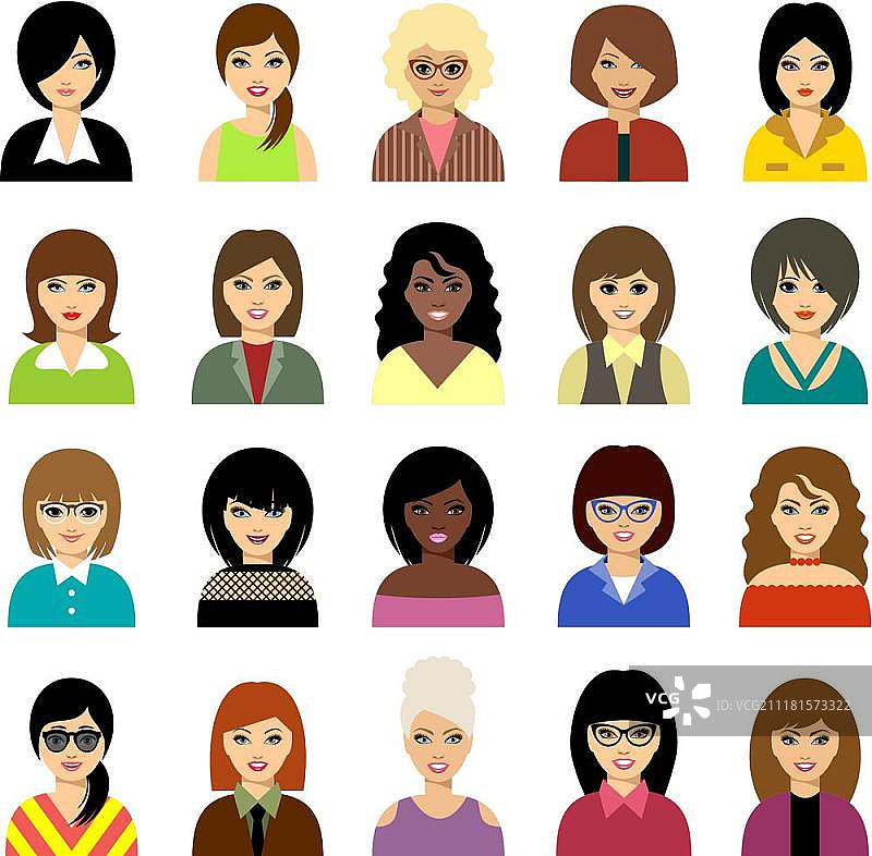 女人头像矢量图集，拥有不同发型的年轻女孩肖像图片素材
