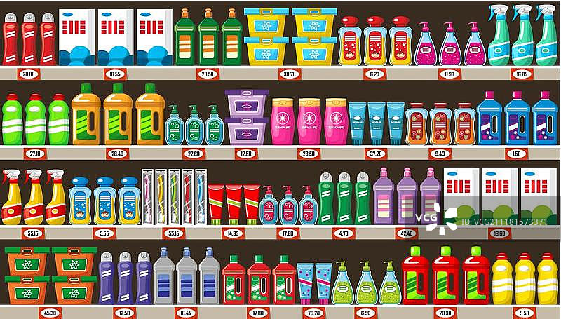 商店里有家用化学品的货架。矢量图图片素材