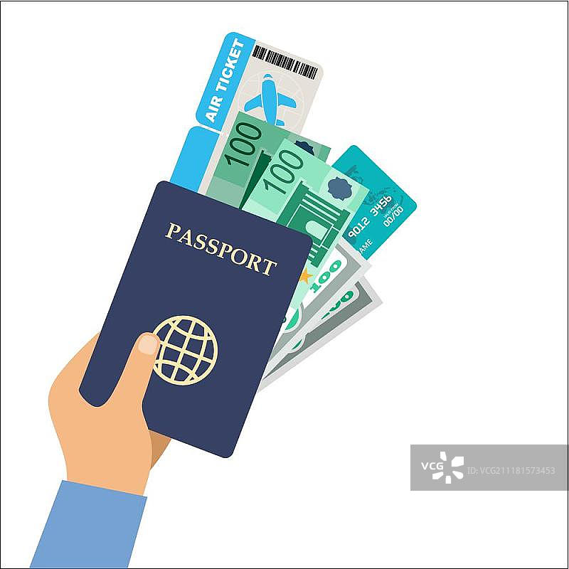 男人手持护照、机票和钱的矢量图图片素材