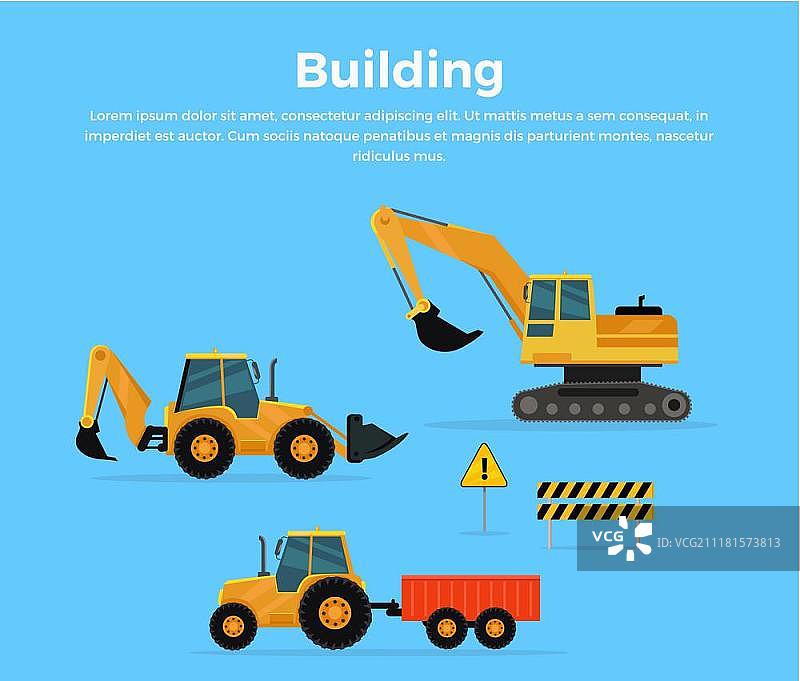 建筑概念横幅扁平设计矢量素材。一套工程机械。用于广告、信息图表、网页设计的物料提取、运输和移动插图。挖掘机、装载机、带拖车的拖拉机。图片素材