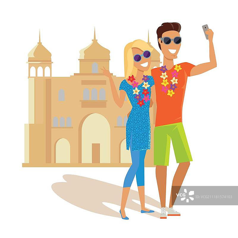 在印度夏季度假自拍的夫妇。印度夏季度假概念。在异国情调的国家度蜜月矢量图。在著名历史古迹背景下自拍。在亚洲历史建筑附近拍照的夫妇。图片素材